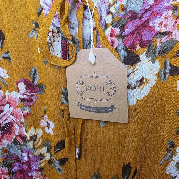 KORI America Boutique Floral Golden Yellow Dress Boho Romantic Tie-Neck ā Size L - Picture 6 of 17